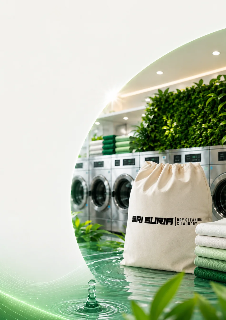 Reusable Sri Suria laundry bag beside fresh linen and greenery